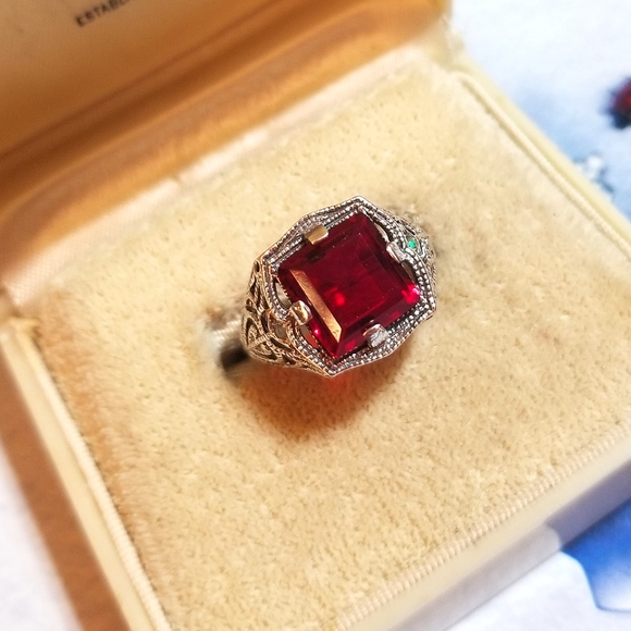 𝅺GORGEOUS! Deco Revival Filigree Ruby Aussie Opal Sterling Ring - Picture 5 of 7